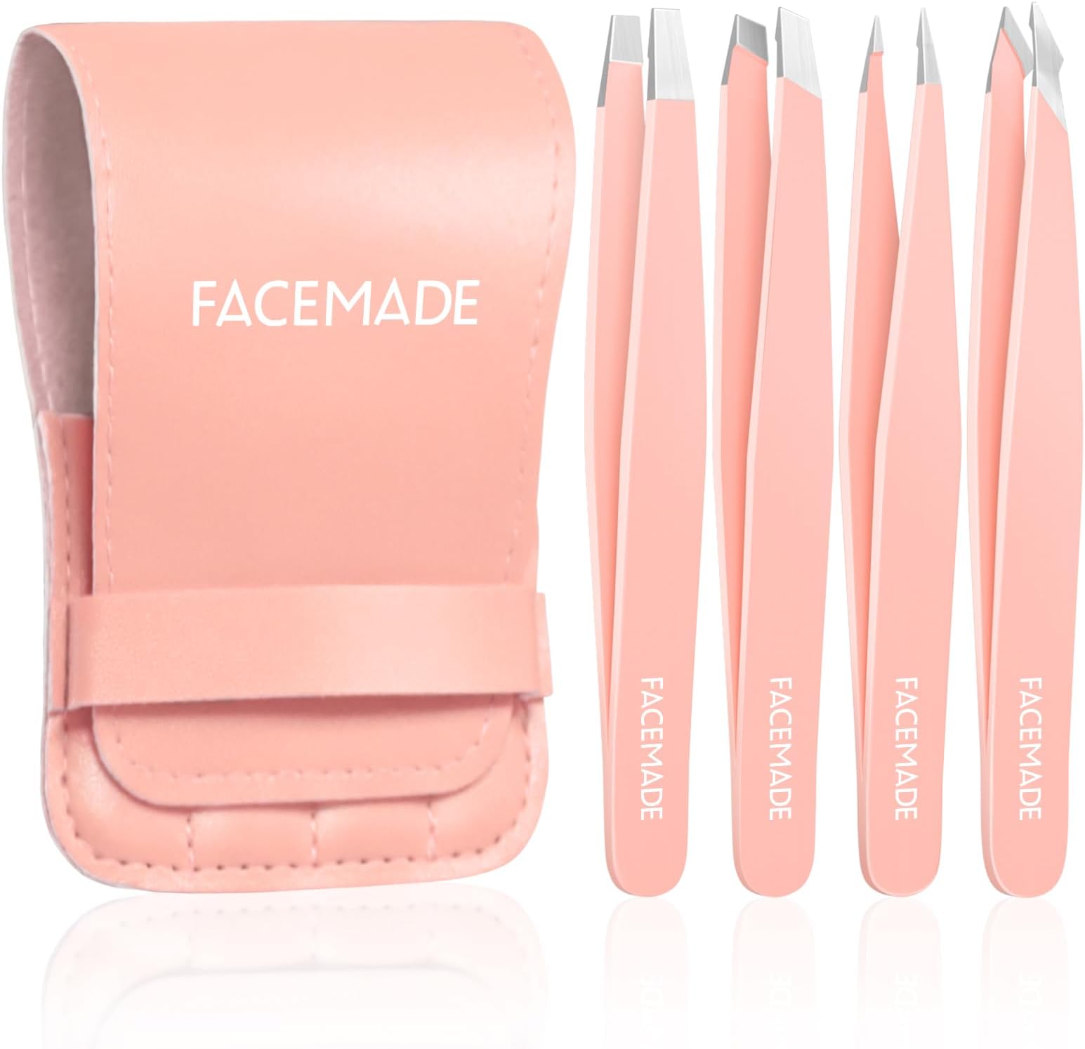 (フェイスメイド) FACEMADE ピンセット4点セット - プロフェッショナルステンレススチールピンセット 男女兼用 精密眉毛ピンセット 顔の毛、あご、巻き毛の除去に (ピンク)