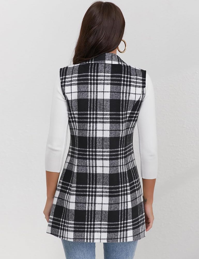 Mywinway Plaid Vest for Women Sleeveless Fall Winter Long Blazer Jackets Trendy Cardigan Outerwear Wool Coat