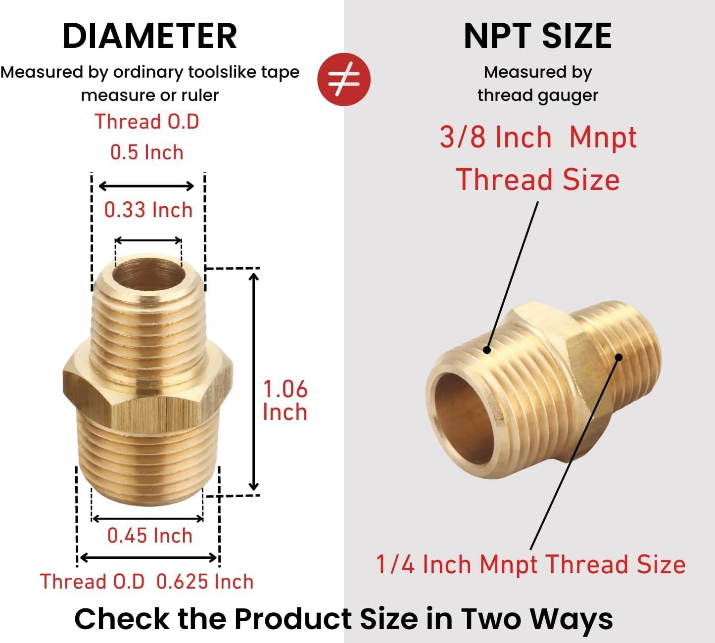3/8 Inch NPT x 1/4 Inch NPT Hex Bushing Reducer Nipple | (Thread diameter 15.8mm) to (Thread diameter 12.7mm), Reducing Adapter, Brass Pipe Fitting, 6 PCS