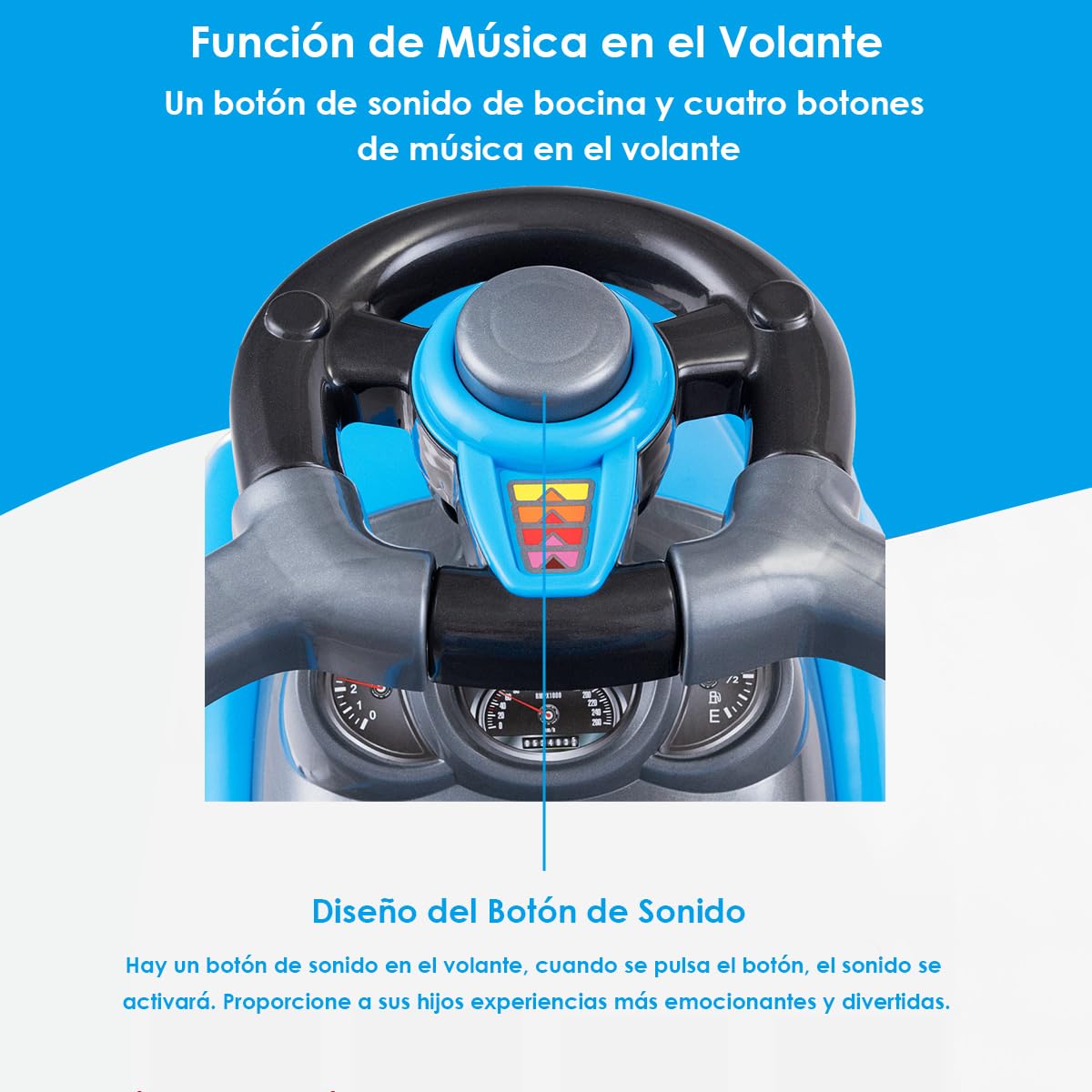 COSTWAY 3 en 1 Coche de Empuje Infantil, Coche para Niños de Pie con Barandillas Desmontables y Asa, Bocina, Espacio de Almacenamiento Oculto y Diseño Antivuelco para Niños de 2 a 6 Años (Azul)