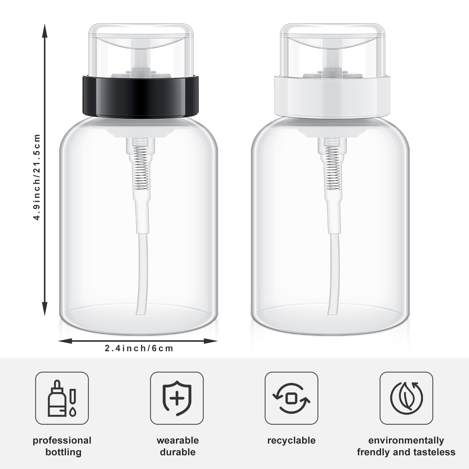 Yungyan 12 Pcs Pump Dispenser Bottle for Nail Polish 6.8 oz Push Down Pump Dispenser Empty Lockable Alcohol Bottles Containers for Makeup Remover, Alcohol, Acetone, Liquid, Travel, Black White Top Cap