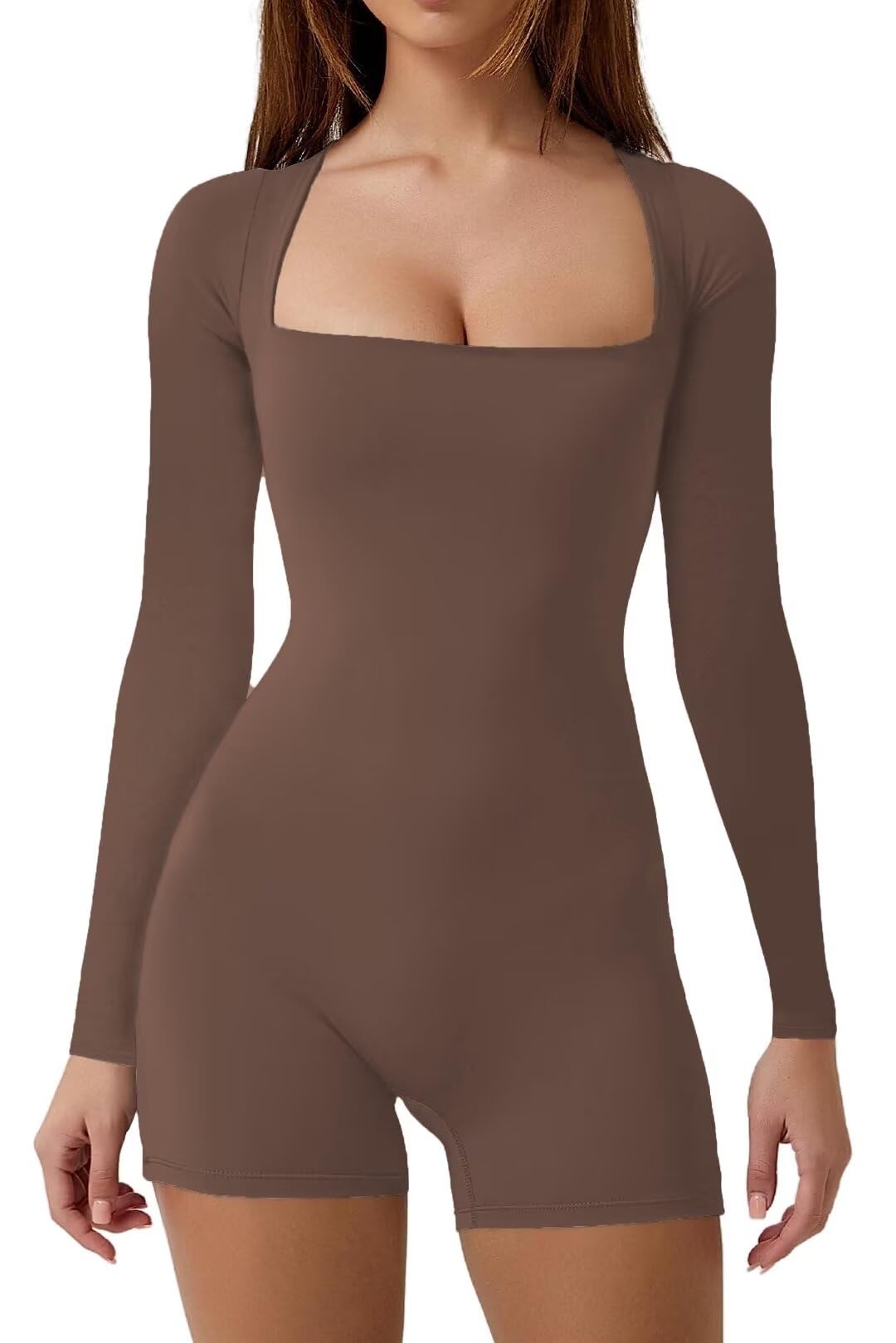 BONITEEWomen's Jumpsuit Casual Yoga Rompers Sexy Long Sleeve Square Neck Double Lined Bodycon Unitard