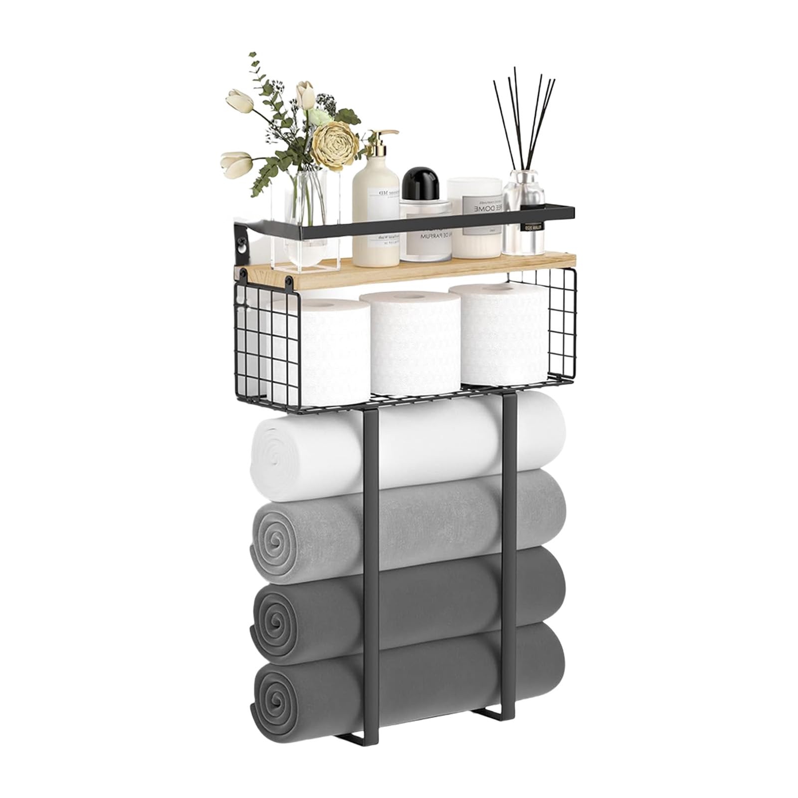 Étagère de rangement double couche en métal et bois pour serviettes