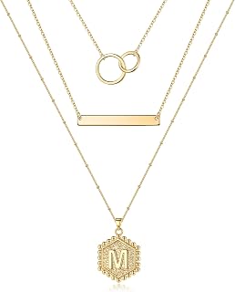 Layered Initial Necklaces for Women, 14K Gold Plated Bar Necklace Dainty Layering Hexagon Letter Pendant Necklace Infinity Circles Necklace Gold Layered Necklaces for Women Gold Jewelry Gifts