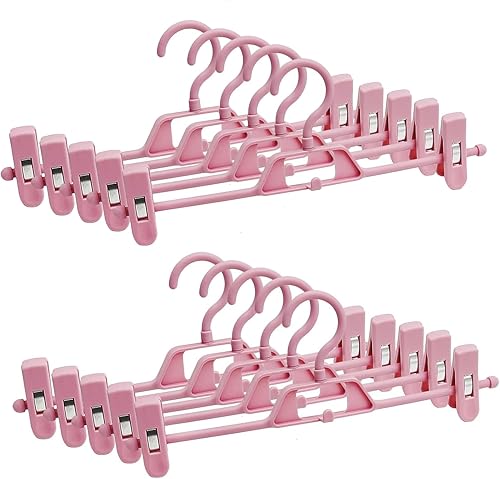 Paquete de 10 perchas de plástico para pantalones con clips, colgador de faldas que ahorran espacio con clips giratorios y ajustables de 360°,