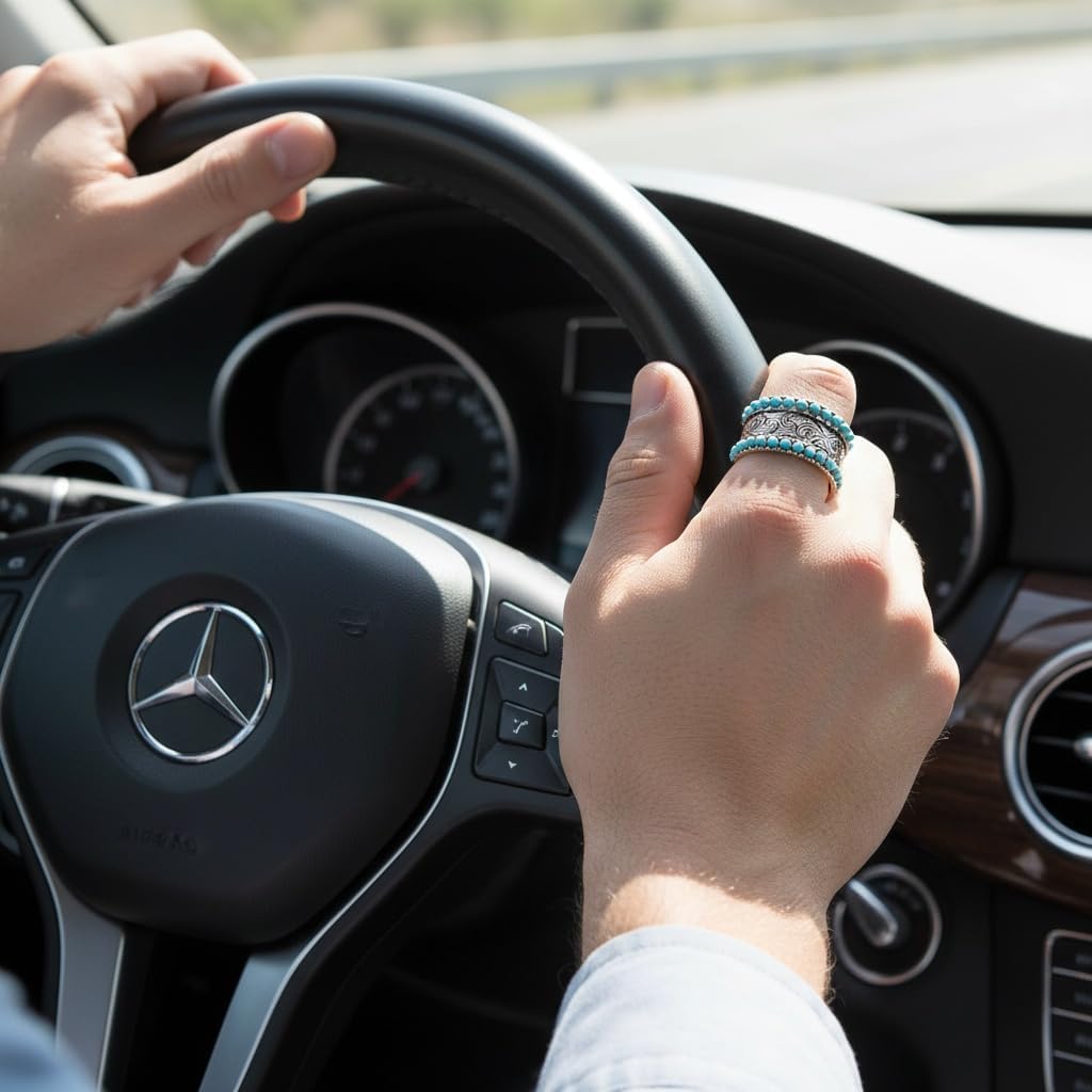 HAIXIAN Double row Turquoise Spheres lucky Flower Pattern Engraved Band Ring for Women Man,S925 Sterling Silver Retro Vintage Hawaiian National Style Boho Ring Jewelry