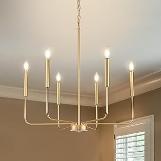 ONESMING Modern Gold Chandelier for Dining Room,Metal 6-Light Kitchen Light Fixtures,Farmhouse Candle Hanging Pendant Light for Living Room Entryway Foyer Bedroom (Bulb Not Included)