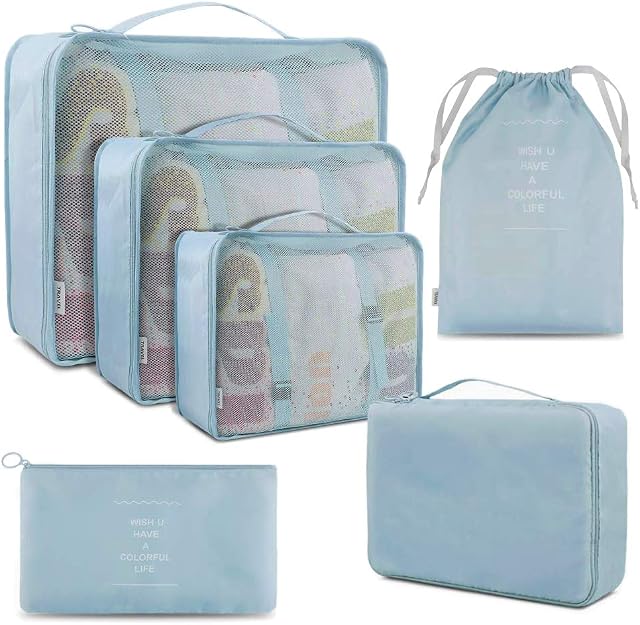 Lightweight 6 Pcs Packing Cubes System, Travel Storage Packing Organizers Laundry Bags Compression Pouches for Luggage (Blue)