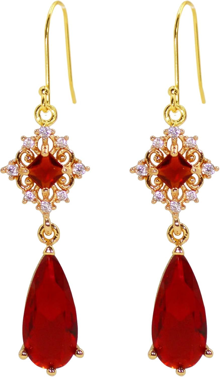 MOMOCAT 18K Gold Plated Artificial Ruby Red Teardrop Earrings for Women Dangle Vintage Jewelry Statement Chandelier Dangling Christmas Art Deco Crystal Unique Antique Hook Warrings for Women