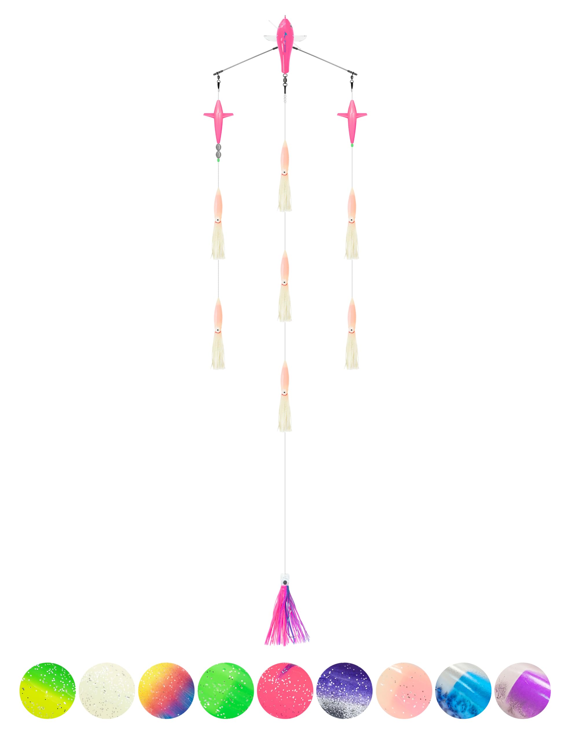 BLUEWING 18in Upgraded Fishing Spreader Bar Port Canyon with 6in Floating Squids, Trolling Birds, Big Game Trolling Lure and 316 Stainless Steel Rod for Wahoo Tuna Marlin Mahi Mahi, Pink/Glow โ image 1