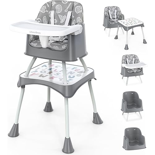 Lilian&Gema 6 in 1 Baby High Chair, Convertible Highchair for Babies and Toddlers, Table and Chair Set, with Safety Harness, Removable Tray Gray