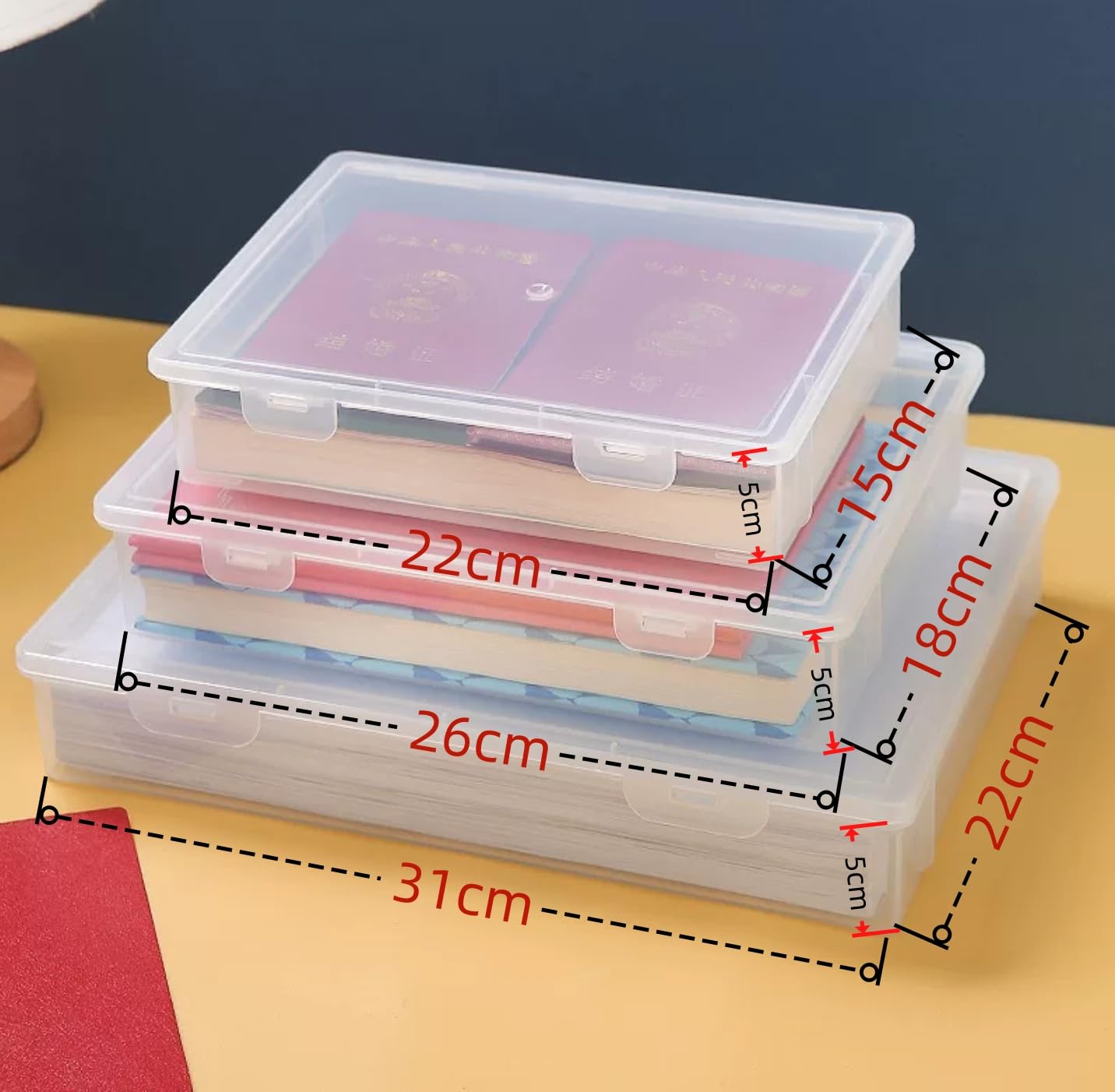 4 prostokątne, przezroczyste pojemniki do przechowywania z tworzywa sztucznego z pokrywami na zawiasach,prostokątne pojemniki plastikowe na papier i artykuły biurowe (Biały, 31×22×5 cm)
