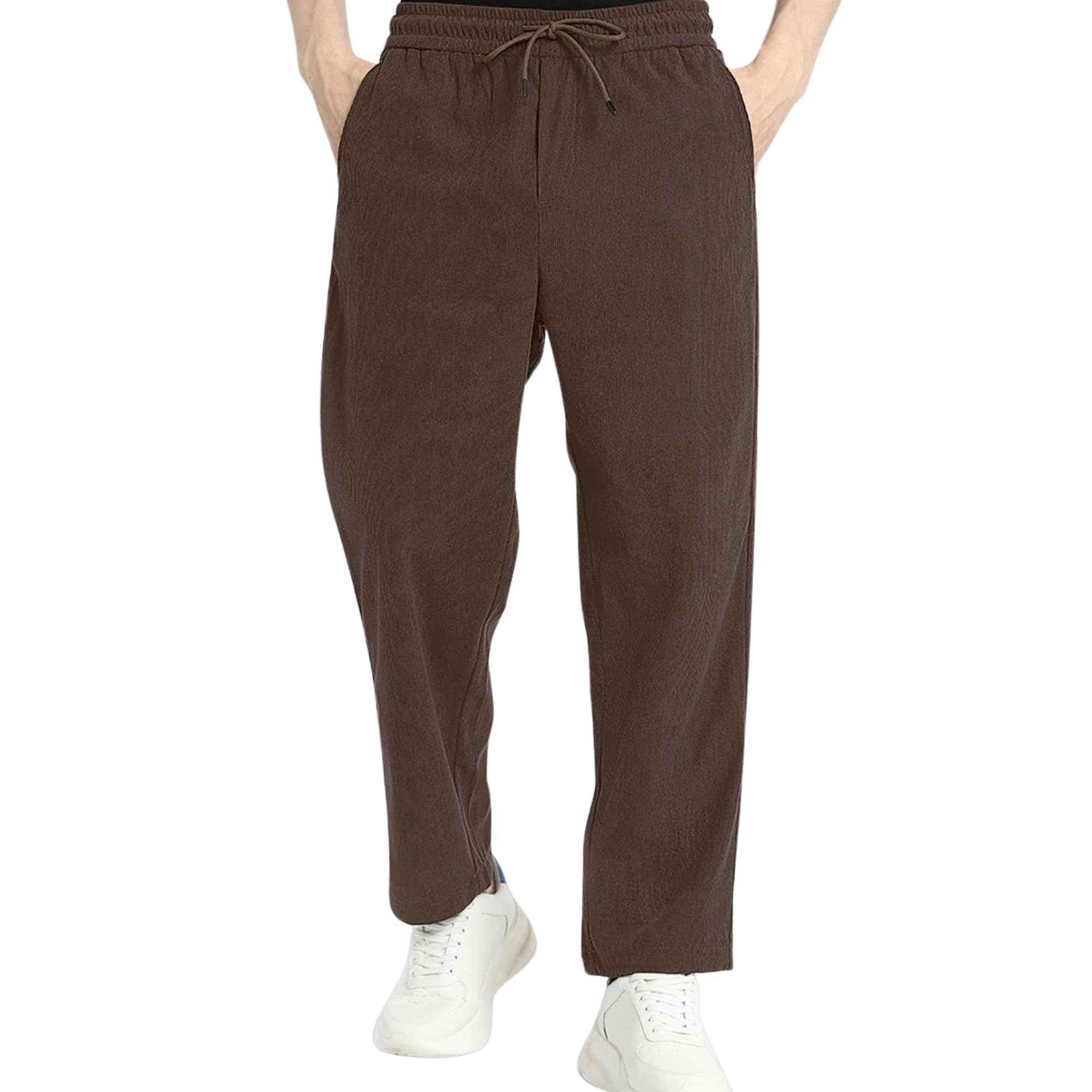 Men's Corduroy Track Pants | Self Design, Mid-Rise Fit, Flexi Waistband - Retro-Inspired Straight Fit Lounge & Casual Wear