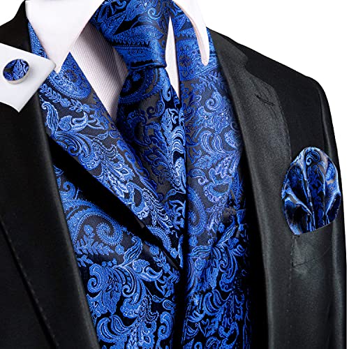 Hi-Tie Royal Blue Paisley Men's Suit Vest Tailored Collar Waistcoat Silk Necktie Set With Handkerchief For Wedding Formal Tuxedo Dress #TOP1