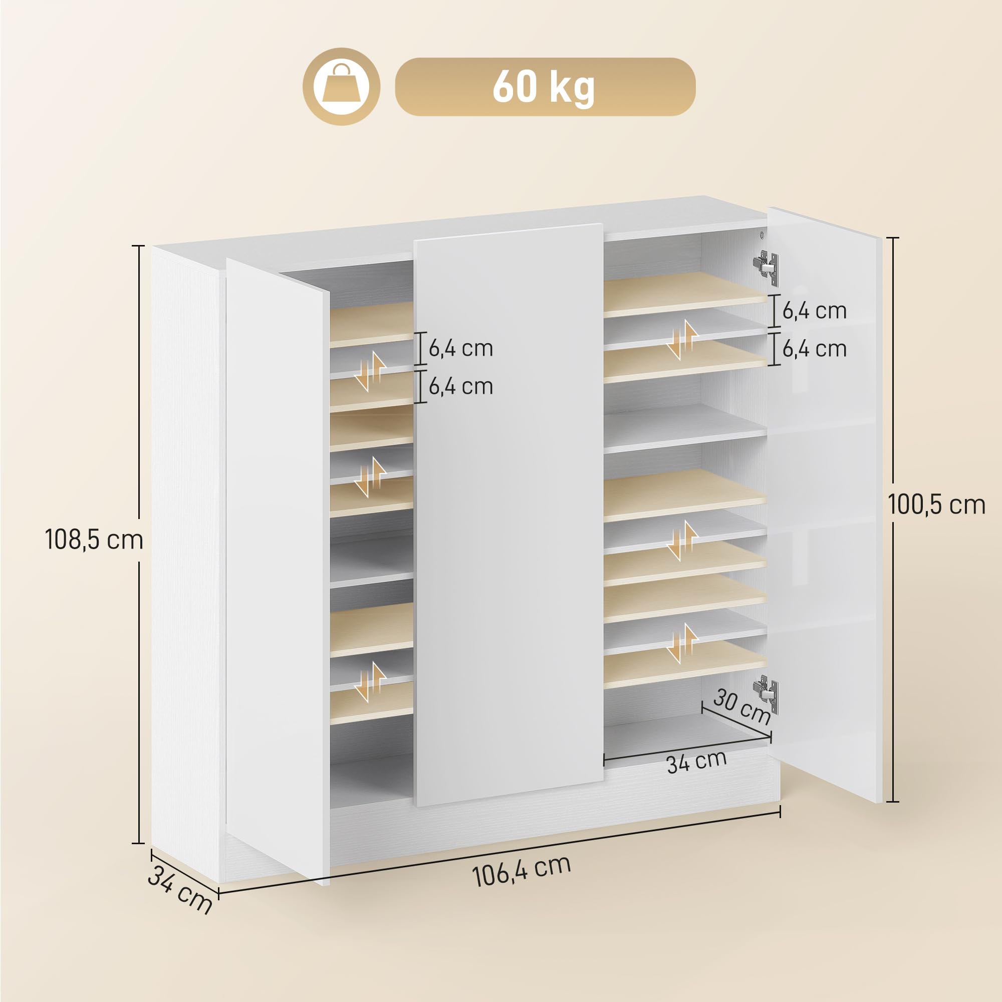 HOMCOM Schuhschrank Verstellbare Ablagen Hochglanztüren 106,4x34x108,5cm | Schuhregal, Belüftungslöchern, Schuhaufbewahrung mit Soft-Close-Funktion, Schuhkommode, für 25–30 Paar Weiß