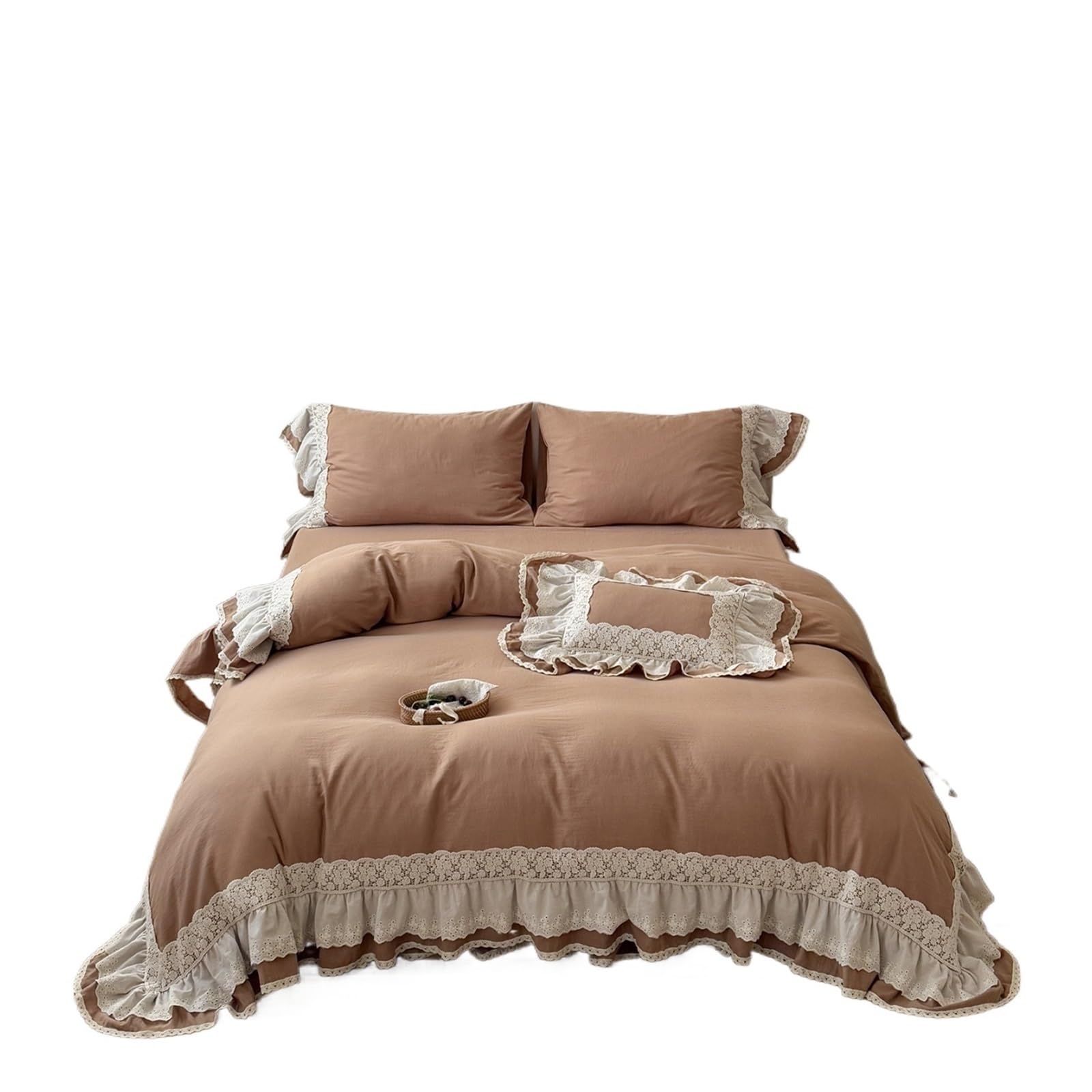GCYEIDMA Ruffle Duvet Cover Double Layer Lace Ruffles Cotton Gauze Wedding Bedding Set Duvet Cover Bed Sheet Pillowcases 4Pcs(Color 2,Queen 200X230cm 4pcs)