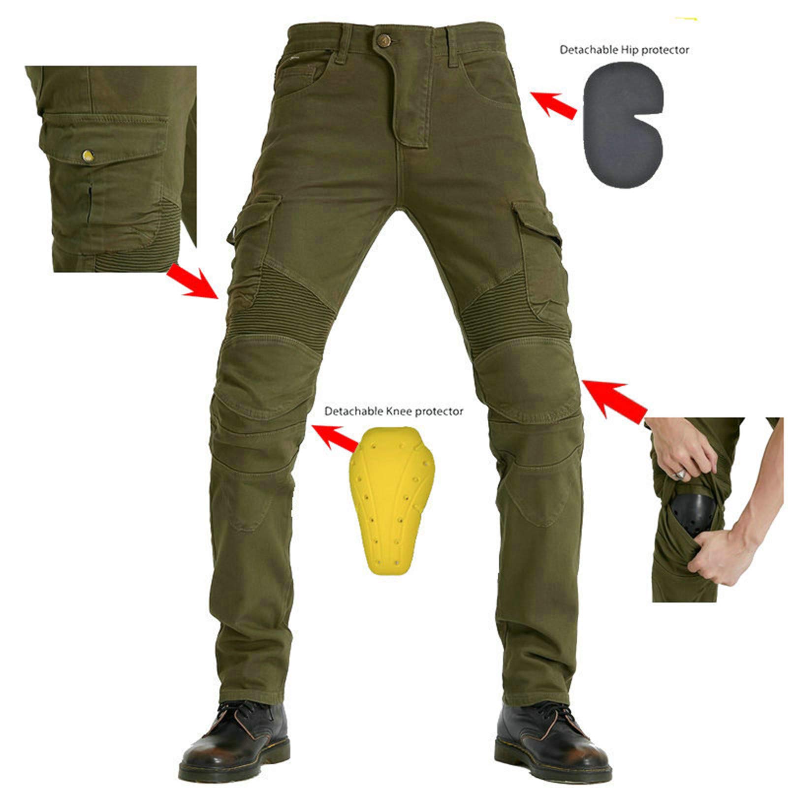 Pantaloni Jeans Moto Uomo | Pantaloni Moto Uomo | Jeans Uomo Moto con Protezioni | Pantaloni Moto Biker Rinforzato | Pantaloni da Motociclista,4X Imbottitura di Protezione (Army Green,XXL)