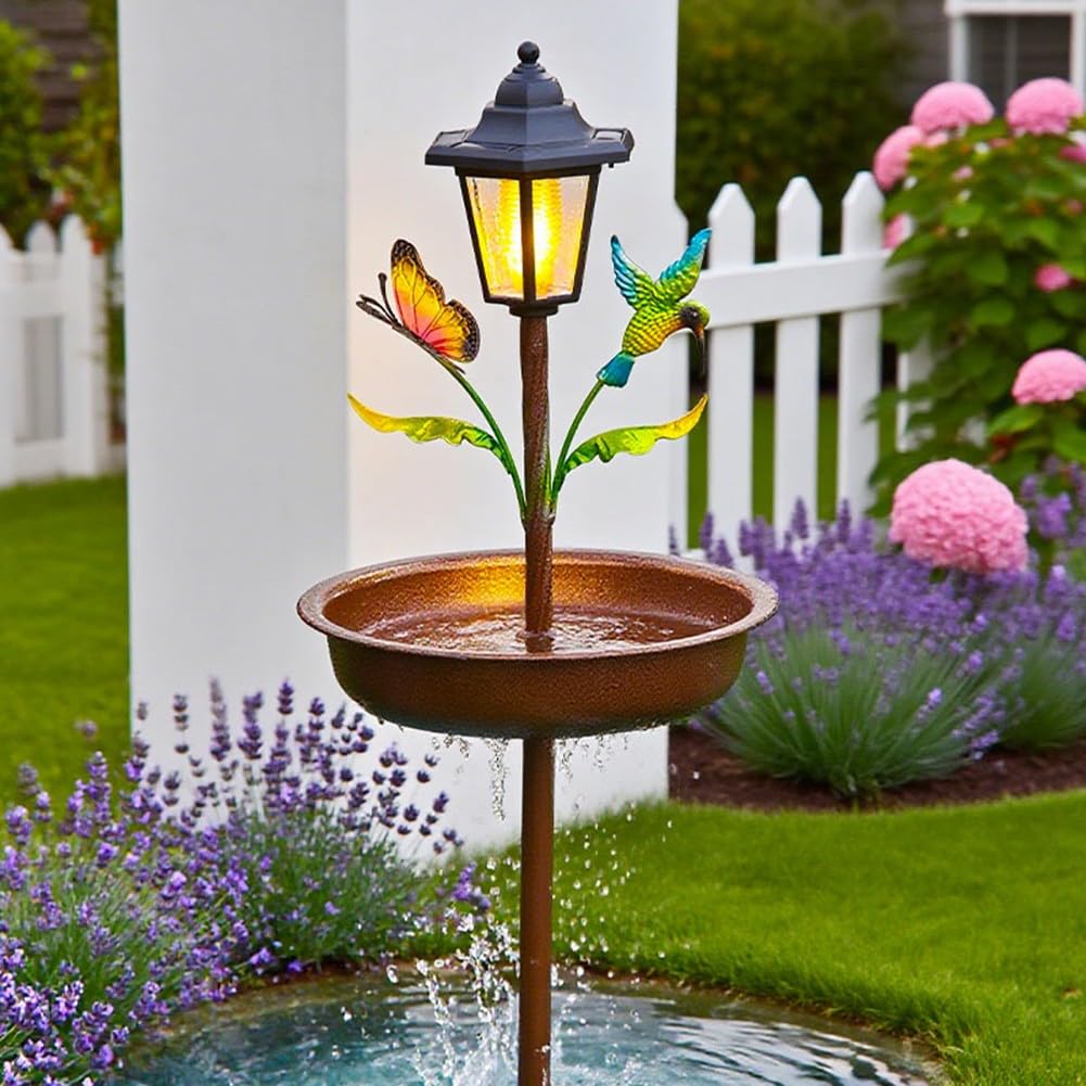 Mangiatoia solare per uccelli, mangiatoia per uccelli e vasca da bagno con luce automatica, mangiatoia per uccelli in ferro per giardino e cortile, mangiatoia solare per uccelli per esterni