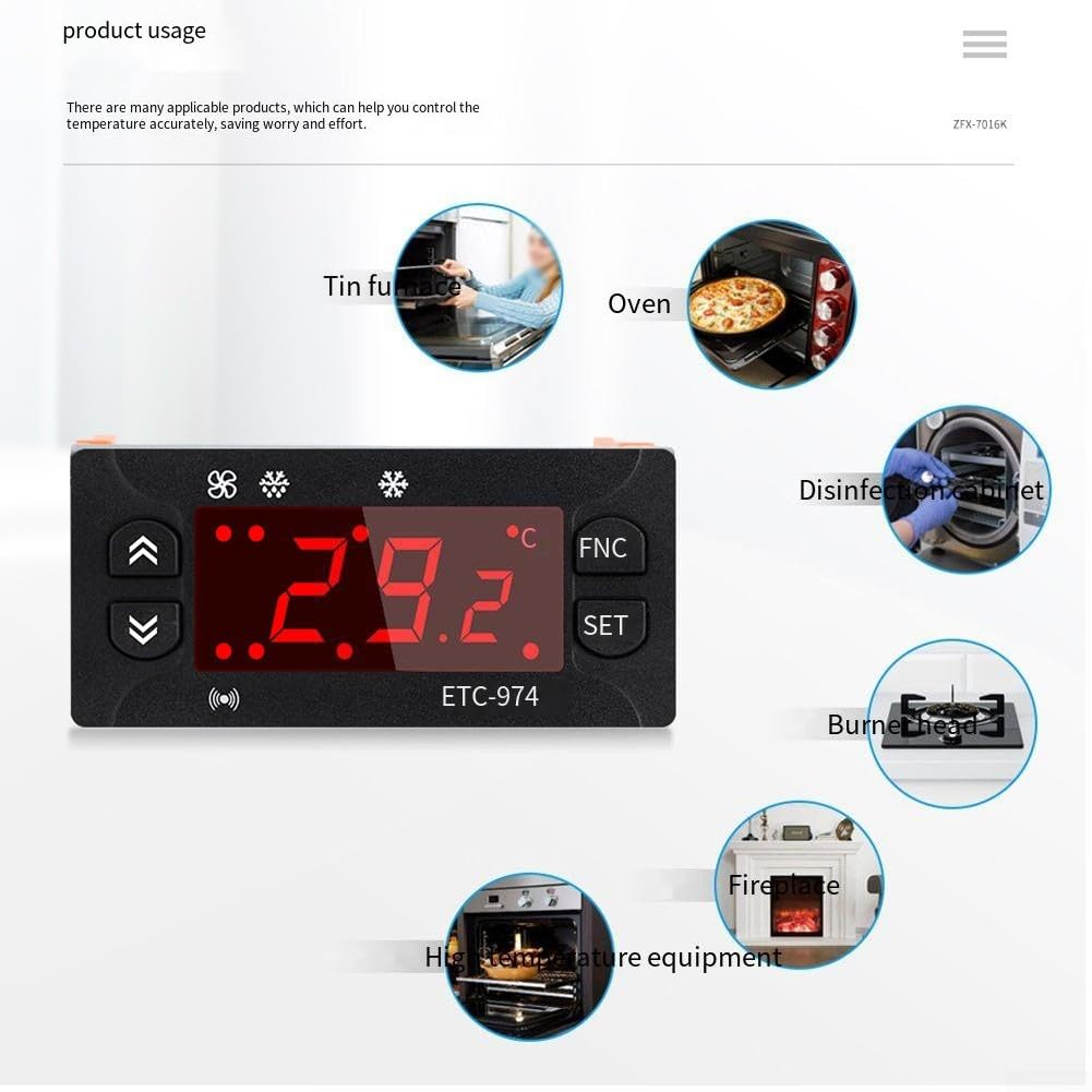 ETC-974 Régulateur de température pour équipement de refroidissement avec deux capteurs, fonction de dégivrage intégrée et alarme, fonctionne avec AC/DC 12V
