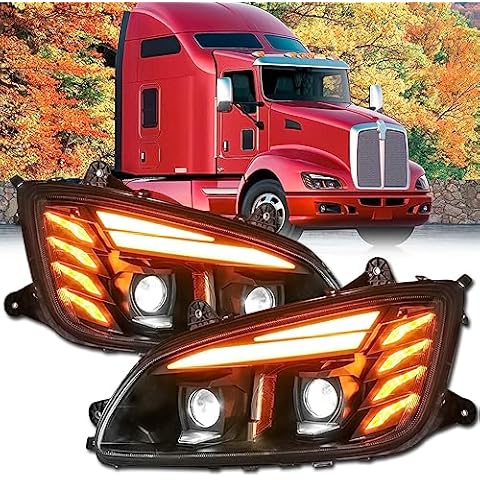 P SEPEY Full LED Headlight for Kenworth T660, Black Headlights Assembly with Dual DRL Turn Signal Lights for Kenworth T170 T270 T370 T440 T470 T660 T800 Series Trucks, A Pair Cover