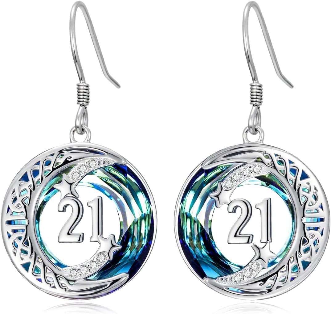 JUSTKIDSTOY Birthday Gifts Earrings for Daughter 925 Sterling Silver Birthday Gift Earrings Celtic Moon Star Leverback Dangle Drop Earrings Blue Crystal Jewelry for Women Sister