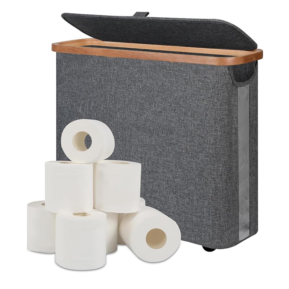 Freestanding Toilet Paper Holder with Bamboo Lid, 30L Toilet Roll Storage Box & Organiser for 12 Rolls, Space-Saving Bathroom Storage Basket (Gray)