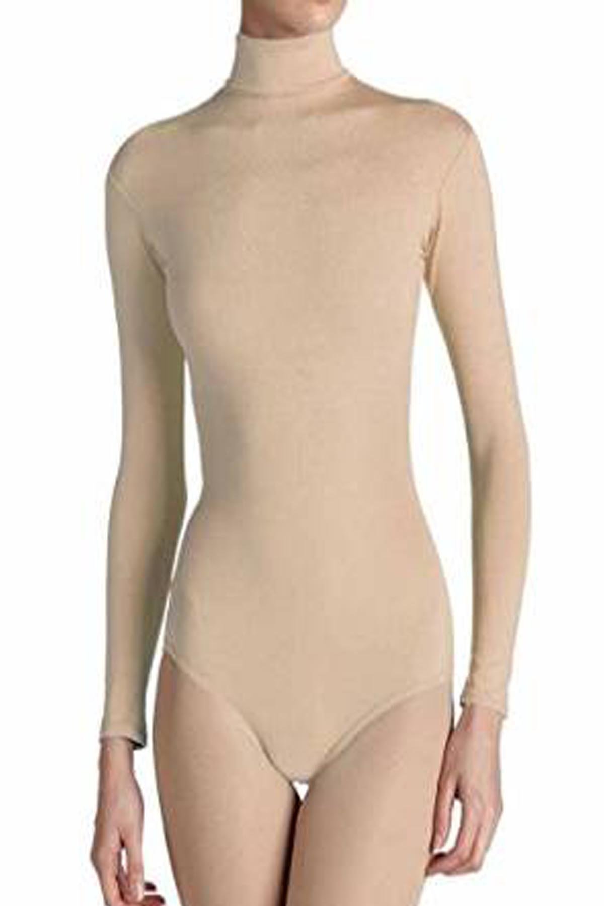 elegance1234 Elegance Ladies Turtleneck Long-Sleeve Stretch Quality Leotard/Bodysuits(Viscose) (Medium, Tan)