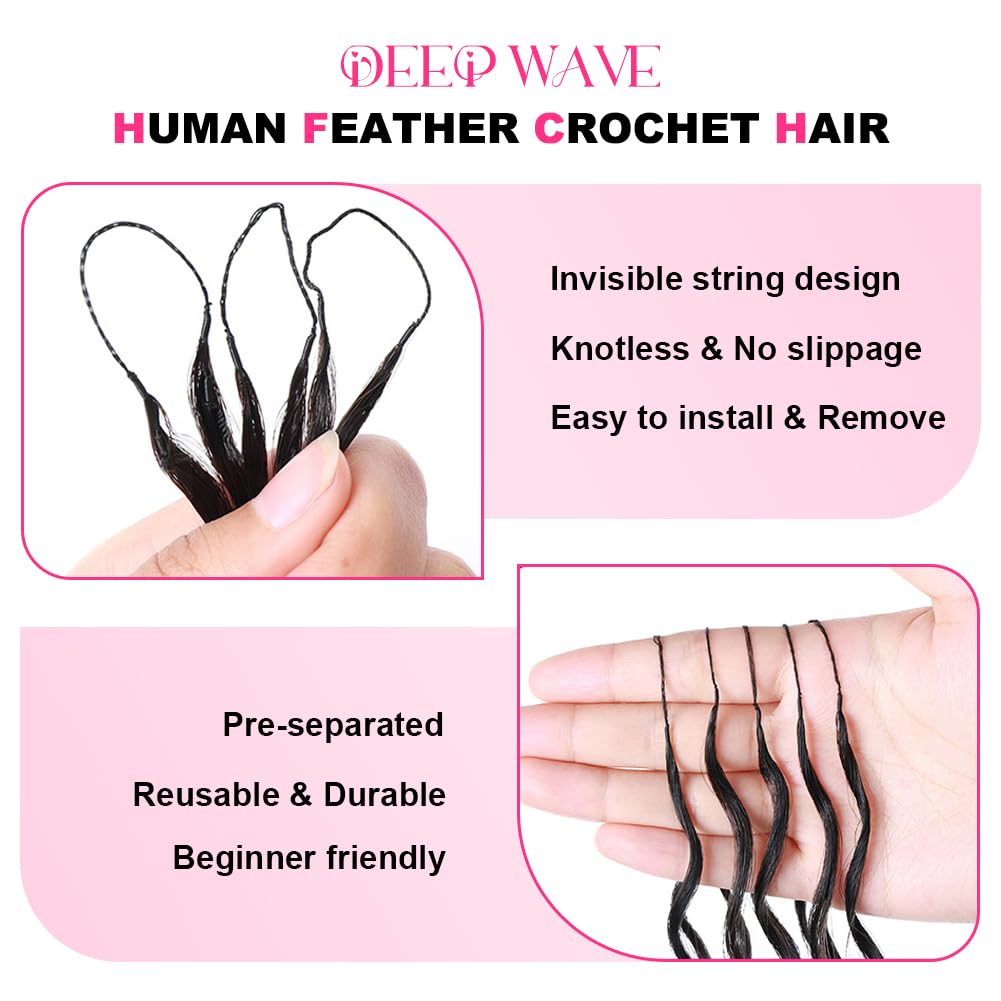 Feather Crochet Human Hair 20 Inch Deep Wave 50g Pre-Separated 50 Strands