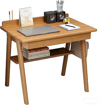 Solid Wood Writing Desk,Home Office Small Computer Desk Table Work Desk, Study Desk with 2 Drawers and Storage Shelf with Hooks for Small Spaces Natural, 80 * 60 * 75cm