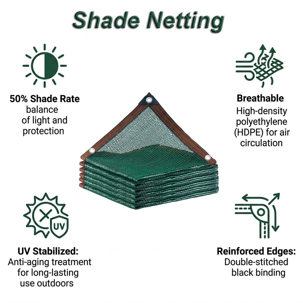 Malla de Sombreo 50% Verde Oscuro con Ojales, Red de Sombreado HDPE | Red de Sombra para Balcones, Transpirable Y Reforzada, Tela de Sombra Anti-UV para Jardín(6 x 8m (19.7 x 26.2ft))