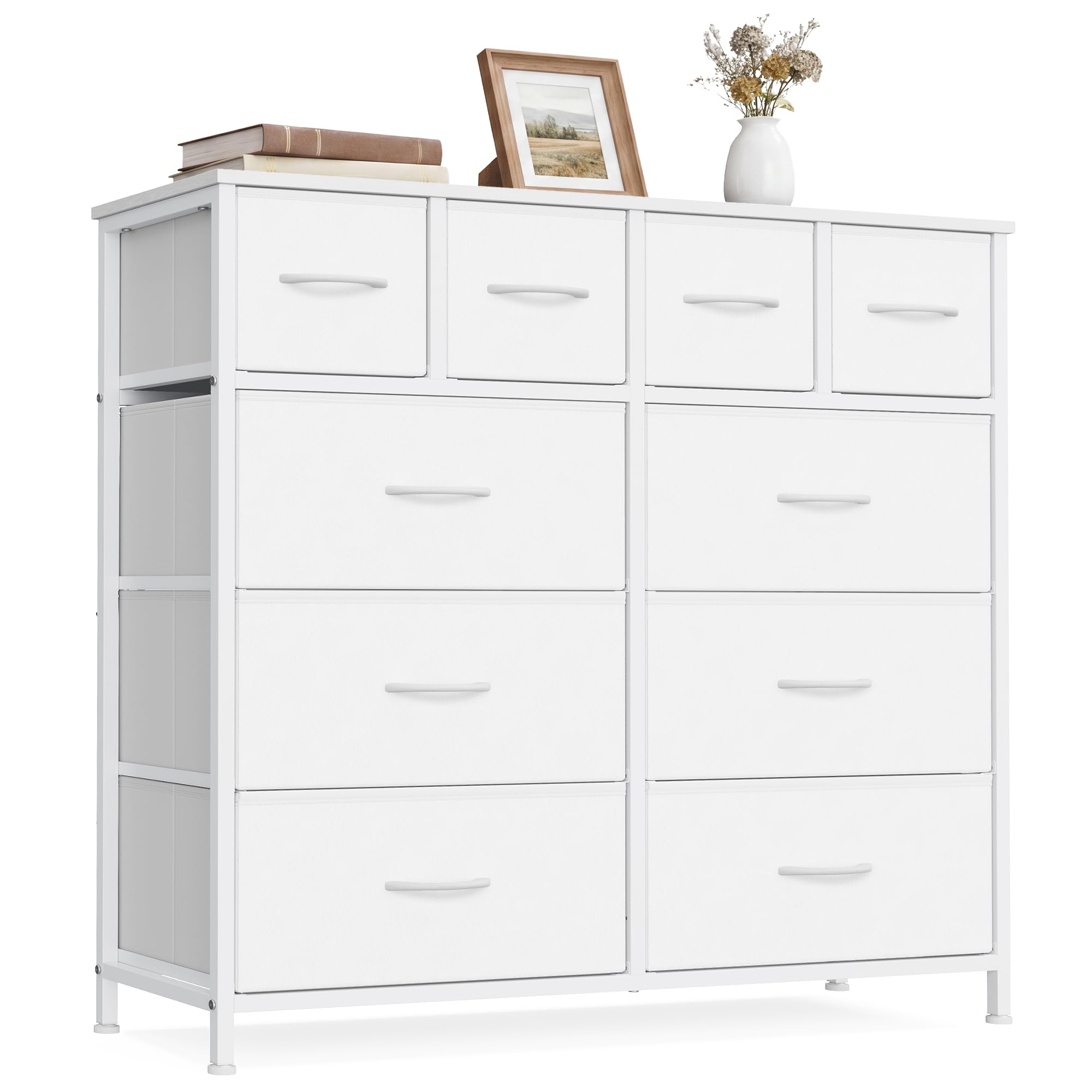 SONGMICS Cómoda, Cajonera con 10 Cajones de Tela, Organizador de Almacenamiento, Estructura de Acero, 98,7 x 30 x 96,2 cm, para Dormitorio, Salón, Pasillo, Nube Blanca, Colección BELLAH LGS236W101
