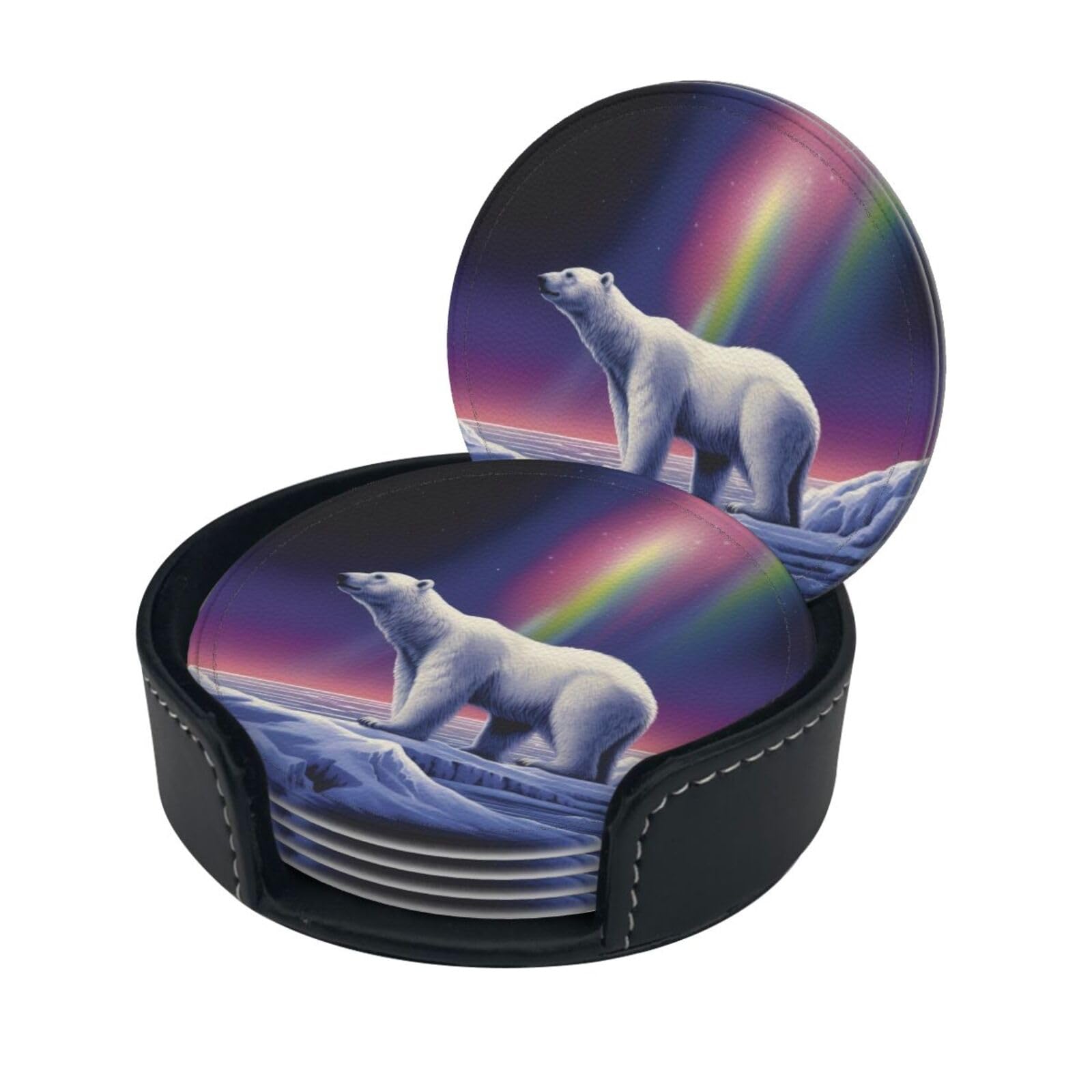 Stylish Coasters - Northern Lights Polar Bear Set of 6 Round Leather Drink Coasters with Holder - Perfect Size for Cups and Glasses