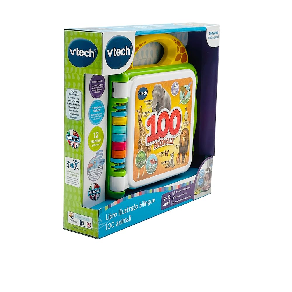 VTech Libro ilustrado bilingüe – 100 Animales para niños, sensorial en Italiano e inglés, bebé con 3 Modos, Pilas Incluidas, 2-5 años