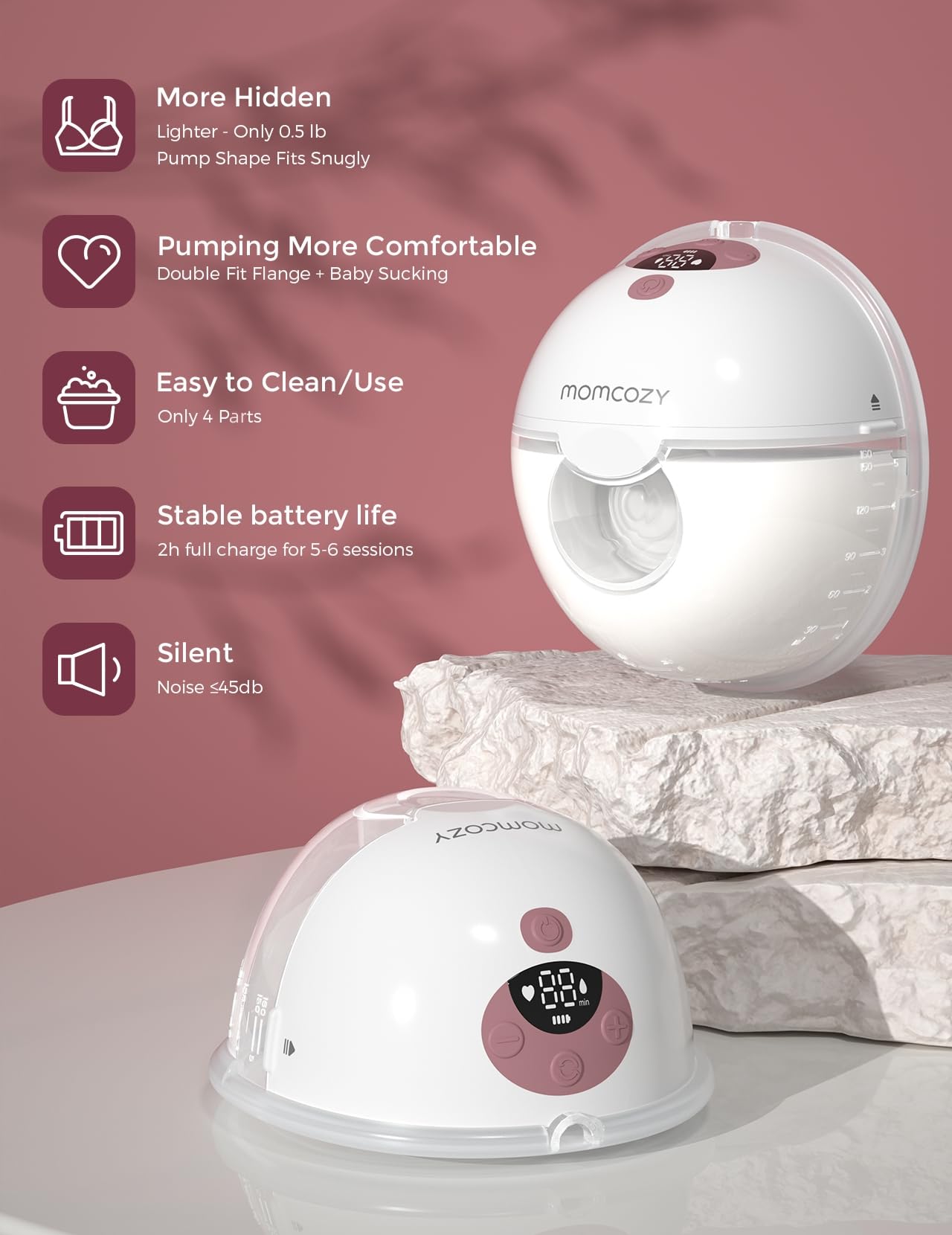 Momcozy M5 Hands-Free Wearable Breast Pump, Double-Sealed Flange for Baby-Like Comfort, 3 Modes & 9 Suction Levels, Portable Electric Pump – 24mm, 2-Pack Cozy Red