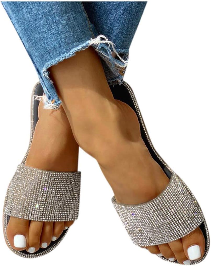 KASTWAVEWomens Sandals Rhinestone Flat Sandals Casual Summer Dressy Travel Beach Crystal Slippers Sandals for Women, KASTWAVE Women's Rhinestone Flat Sandals
