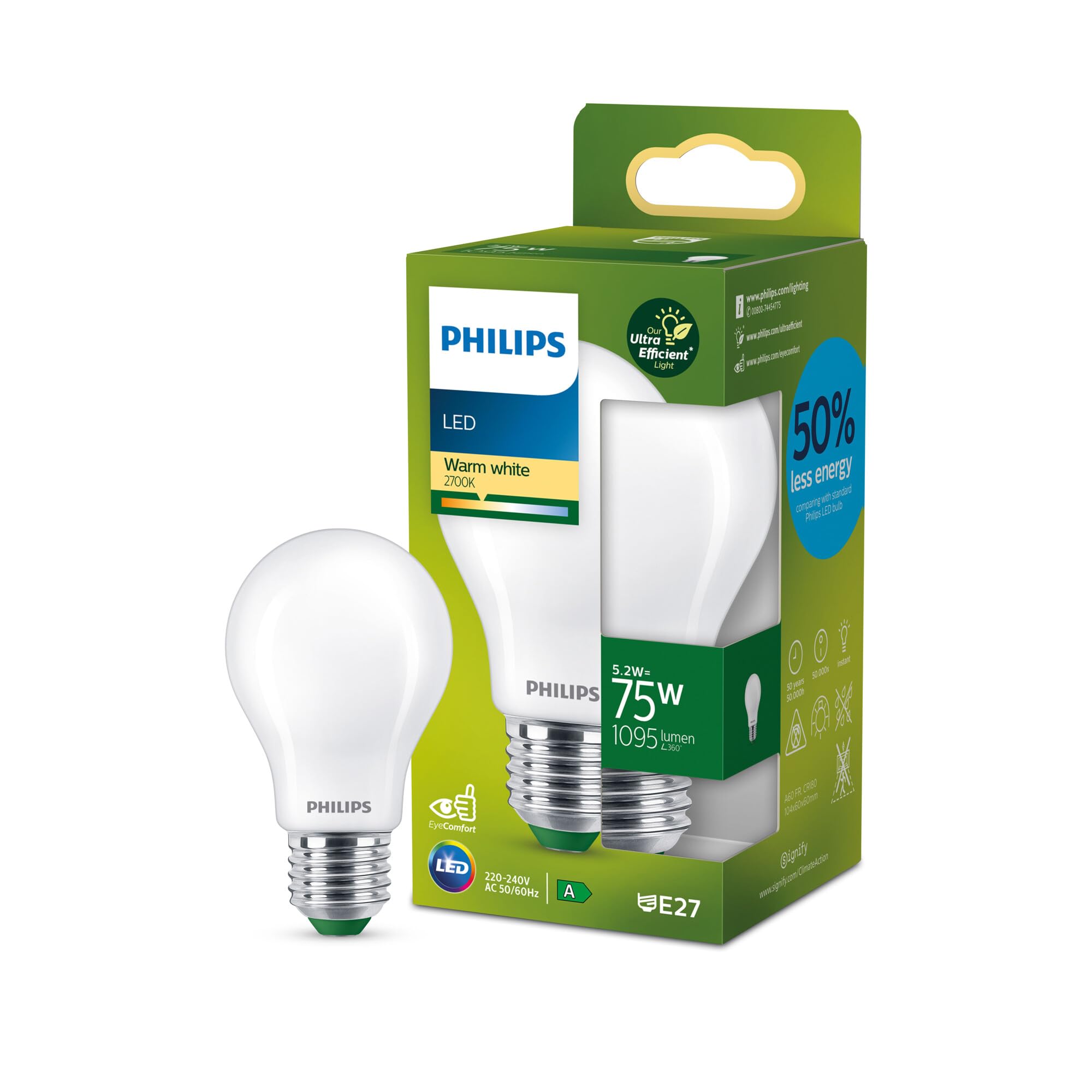 LED Ultra Efficient Class A Light Bulb, 75 W, E27 Base, Warm White 2700K, Frosted