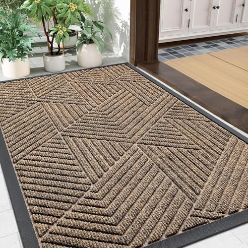 Winsoyya Front Door Mat Heavy Duty Outdoor Indoor Natural Rubber Doormat Low Profile Non Slip Dirt Trapper Waterproof Super Absorbent Door Mat for Entry Hallway Patio Office 60x90cm Brown