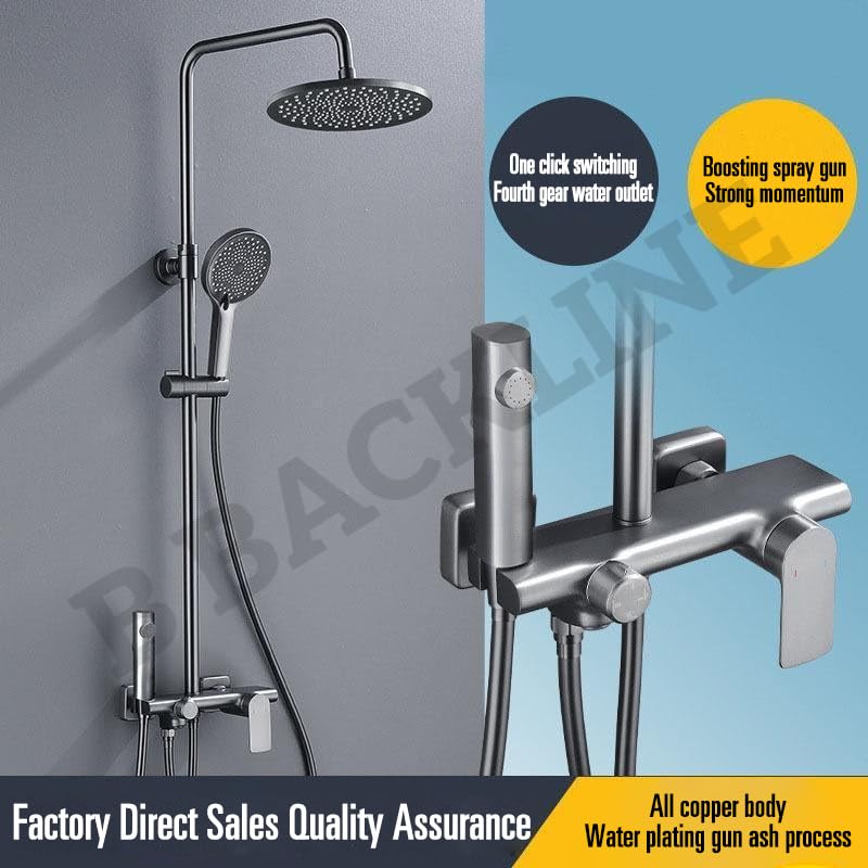 Image of Backline 4-in-1 Shower Panel for Bathroom | Full Set Wall Mount Rainfall Shower System with Hot & Cold Mixer, Hand Shower, Overhead Rain Shower & Jet Spray | Grey Finish