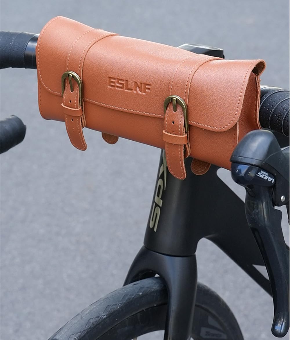 UNISTRENGH Retro Bike Handlebar Bag PU Leather Waterproof Pannier Bicycle Basket Front Pack Vintage Seat Rear Bags for Mountain Road MTB Bikes (Brown (E))