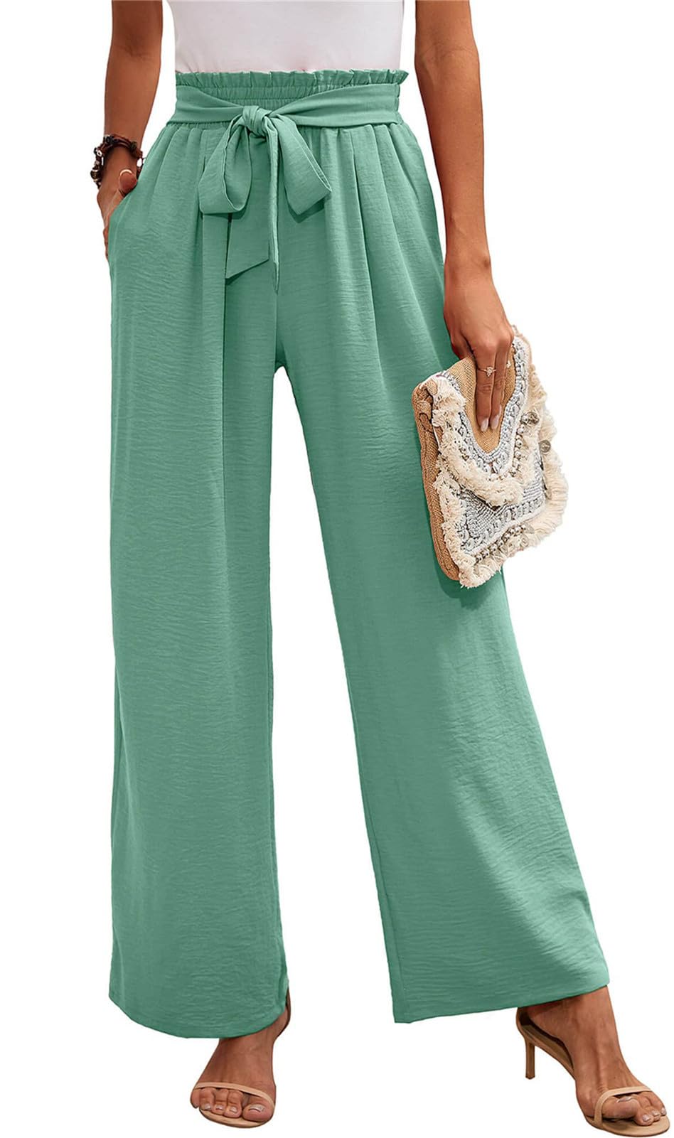 Femme Pantalon Jambe Large Haute Taille Elastique Été Jogging Confortable Pantalons Fluide Décontracté Pants de Plage avec Poches
