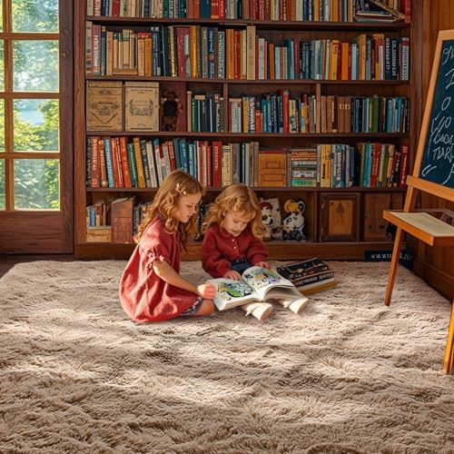 5x8 Living Room Rugs Fluffy Neutral Beige Area Rug,Modern Plush Non-Slip Soft Bedroom Shag Carpet for Book Room Office,Coffee Stain Resistant