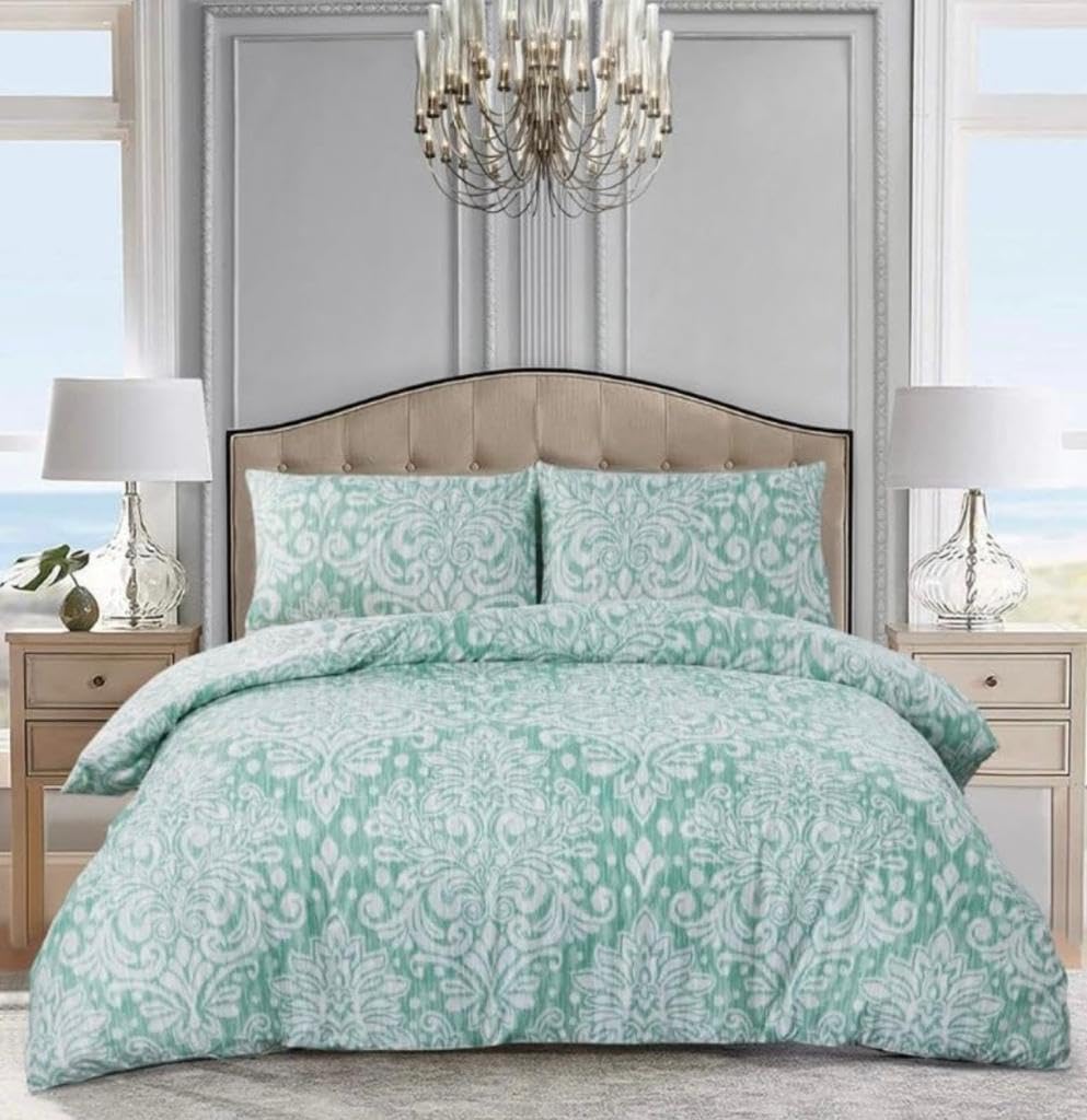 Duvet Cover Set 3 Piece Quilt Cover Bedding Set With Pillow Cases Single,Double,King & Super King Size (Royal Damask Green, Double) โ image 1