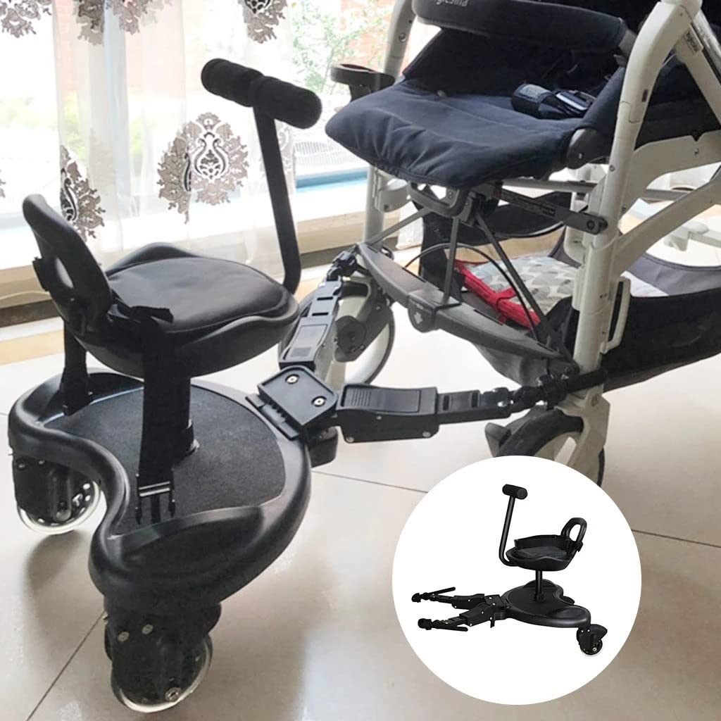 Tabla de cochecito con asiento, tabla de pie, tabla de cochecito para niños pequeños, diseño estable de dos ruedas con asiento, tabla de pie que se adapta a cualquier cochecito (2 en 1 negro)
