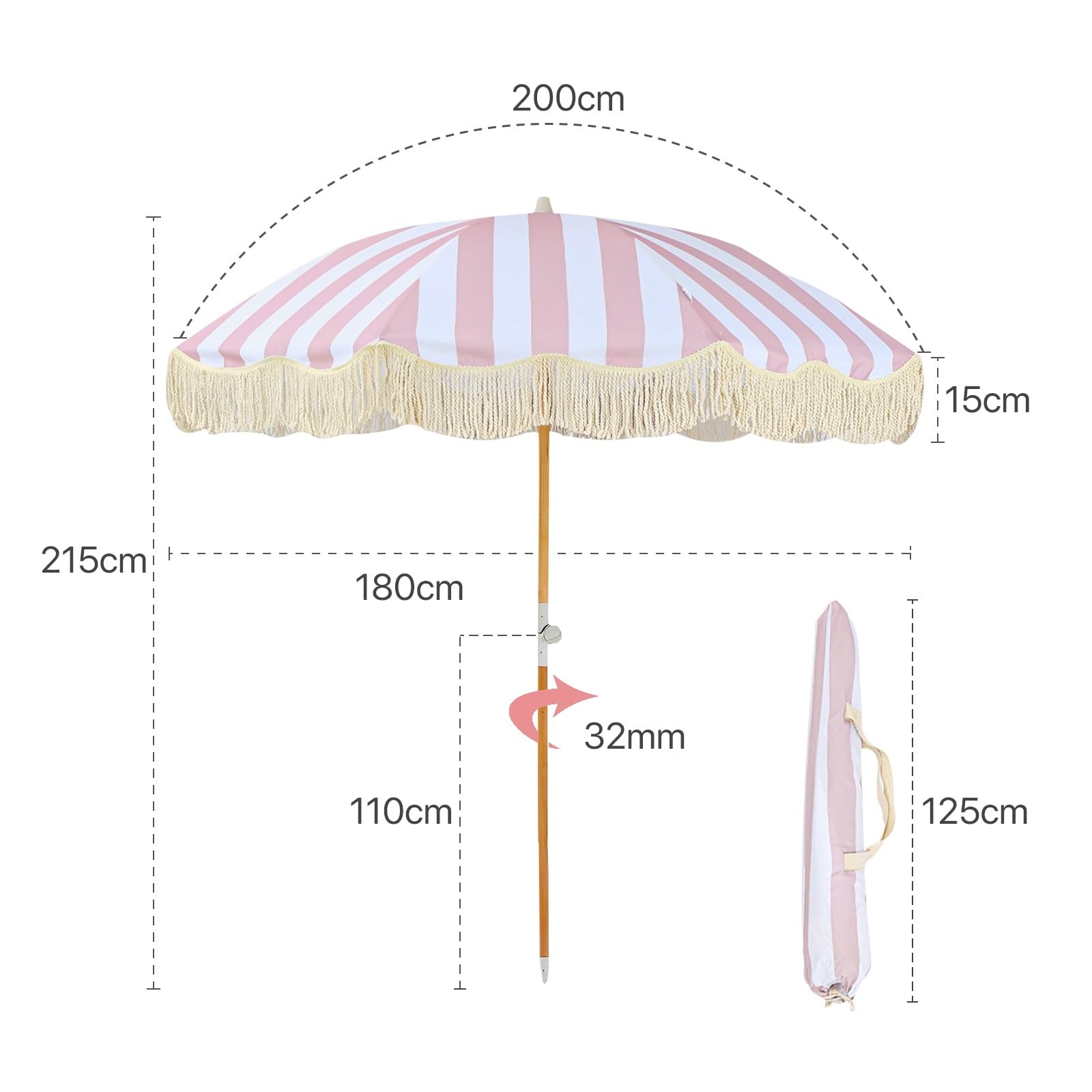 Rosa A Rayas Sombrilla De Playa Con Flecos 200cm Sombrilla De Exterior Protección UV Sombrillas Terraza Con Inclinación Portátil Sombrillas Para Patio Con Bolsa Para Jardín Cubierta Piscina Patio