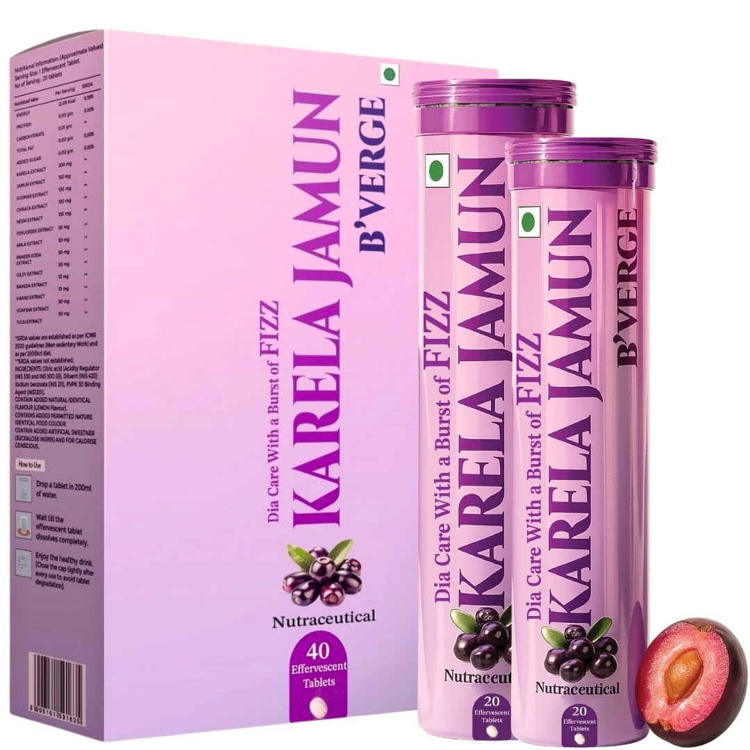 B’VERGE® Karela Jamun Powder in Fizz Effervescent Tablet Form | Formulated with 13 Potent Herbs | Supports High Blood Sugar & Digestion | Helps Maintain Healthy Glucose Levels 40 Fizz Tablets (Pack of 1)