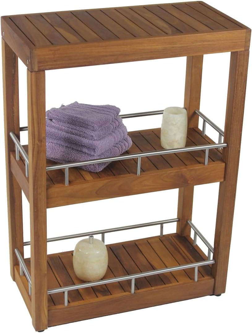 AquaTeak Patented Sula Rectangle Three Tier Teak & Stainless Bath Stand