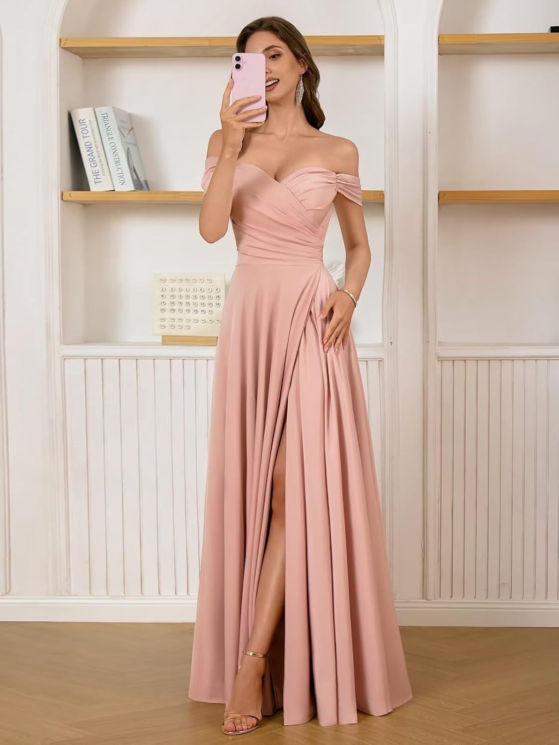 Satin Bridesmaid Dresses Long V Neck Ruched Off The Shoulder Formal Prom Dresses for Women - Image 3