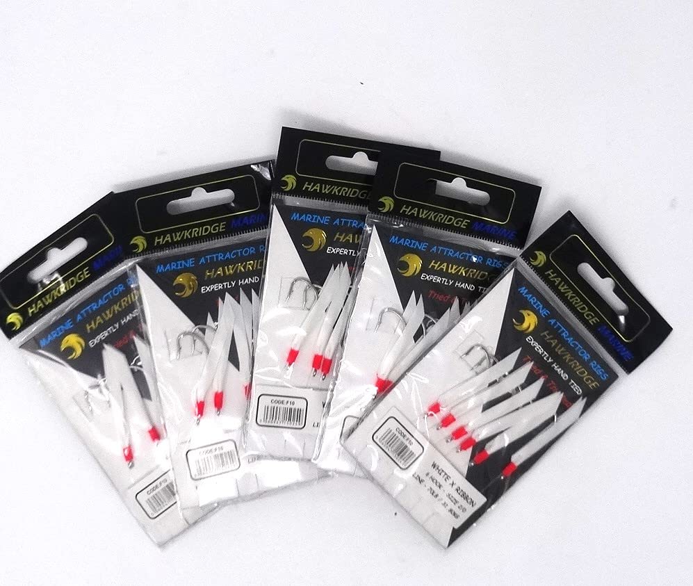 HAWKRIDGE MARINE RIG PRO SERIES, WHITE X RIBBON 5 Packs of Single Type Commercial Quality Sea Feather Lure Fishing Rigs - Image 2
