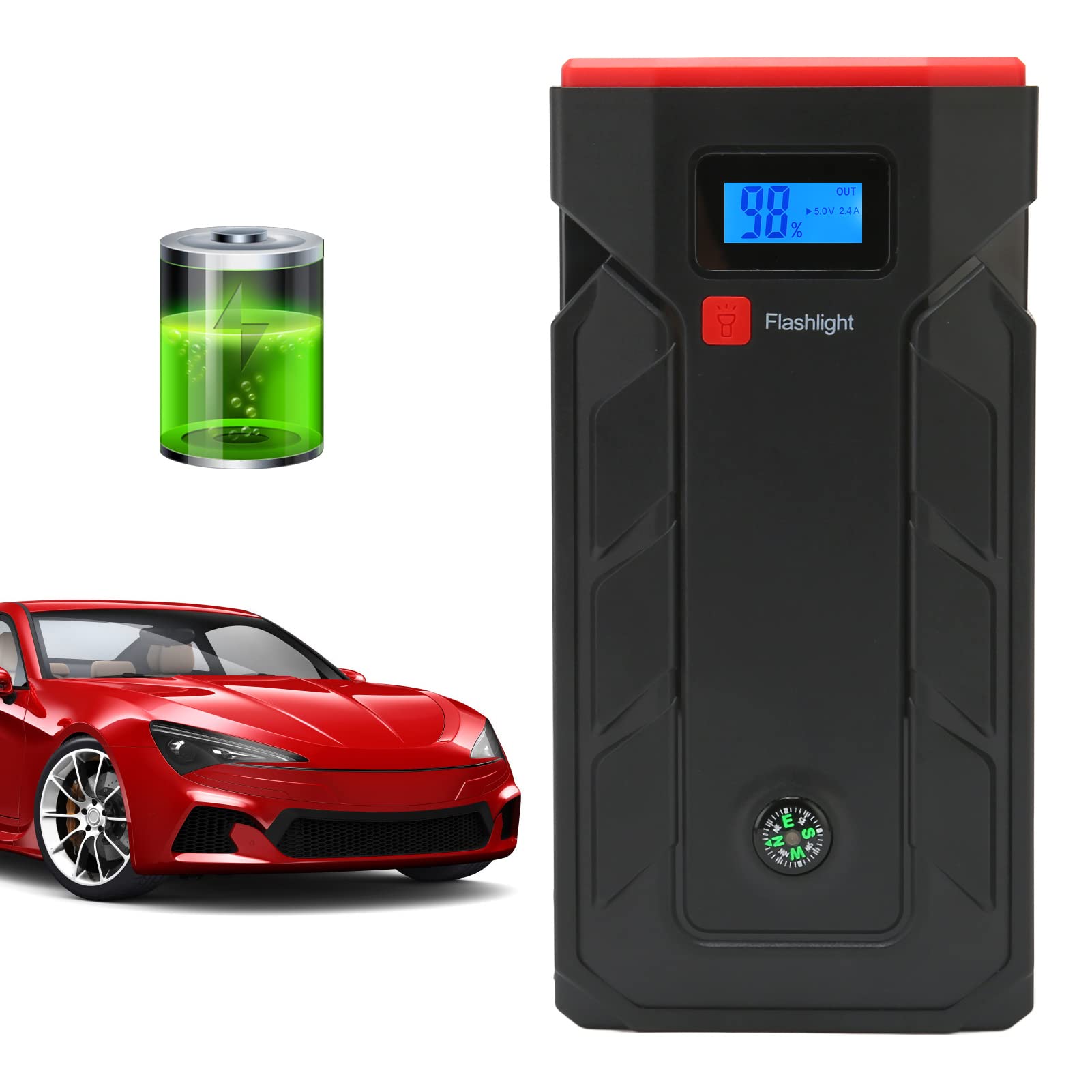 Avviatore Batteria Auto, 2000A Picco 12V Auto Jump Starter Power Pack, 20000mAh Caricabatterie Portatile Power Bank, Batteria Auto Booster Pack per Motori Fino a 10L Gas e 6L