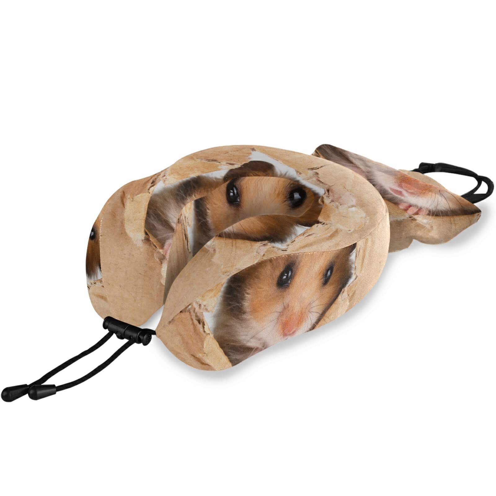 Poeticcity Little Hamster Looking Through a Cardboard Torn Hole Memory Foam Support and Pillow Cover with Snap Clip, Soft U Shaped Cervical Neck Head Chin Cushion with Cover for Home Office